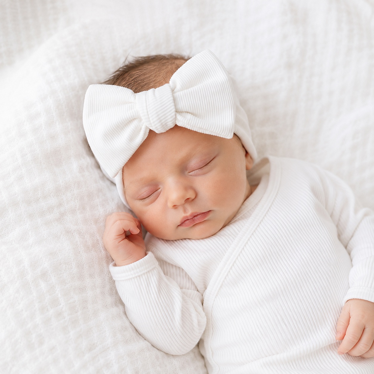 Wit geribbelde baby newborn haarband met grote strik